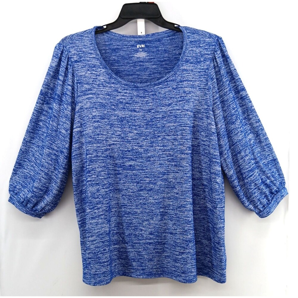 Evri Shirt Women Plus Size 1X Blue Heathered 3/4 Balloon Sleeve Round Neck Top
